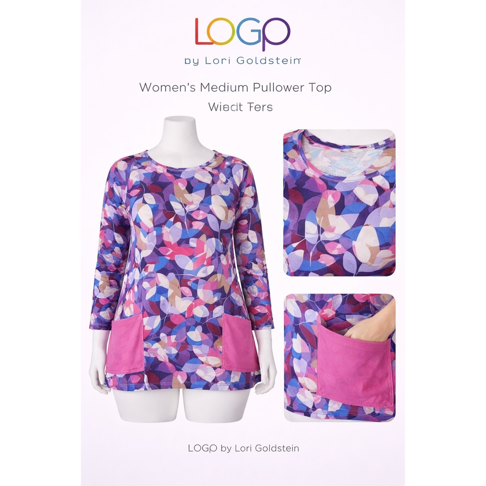 LOGO by‎ Lori Goldstein Womens Purple Abstract Print Tunic Top Mesh Pockets M